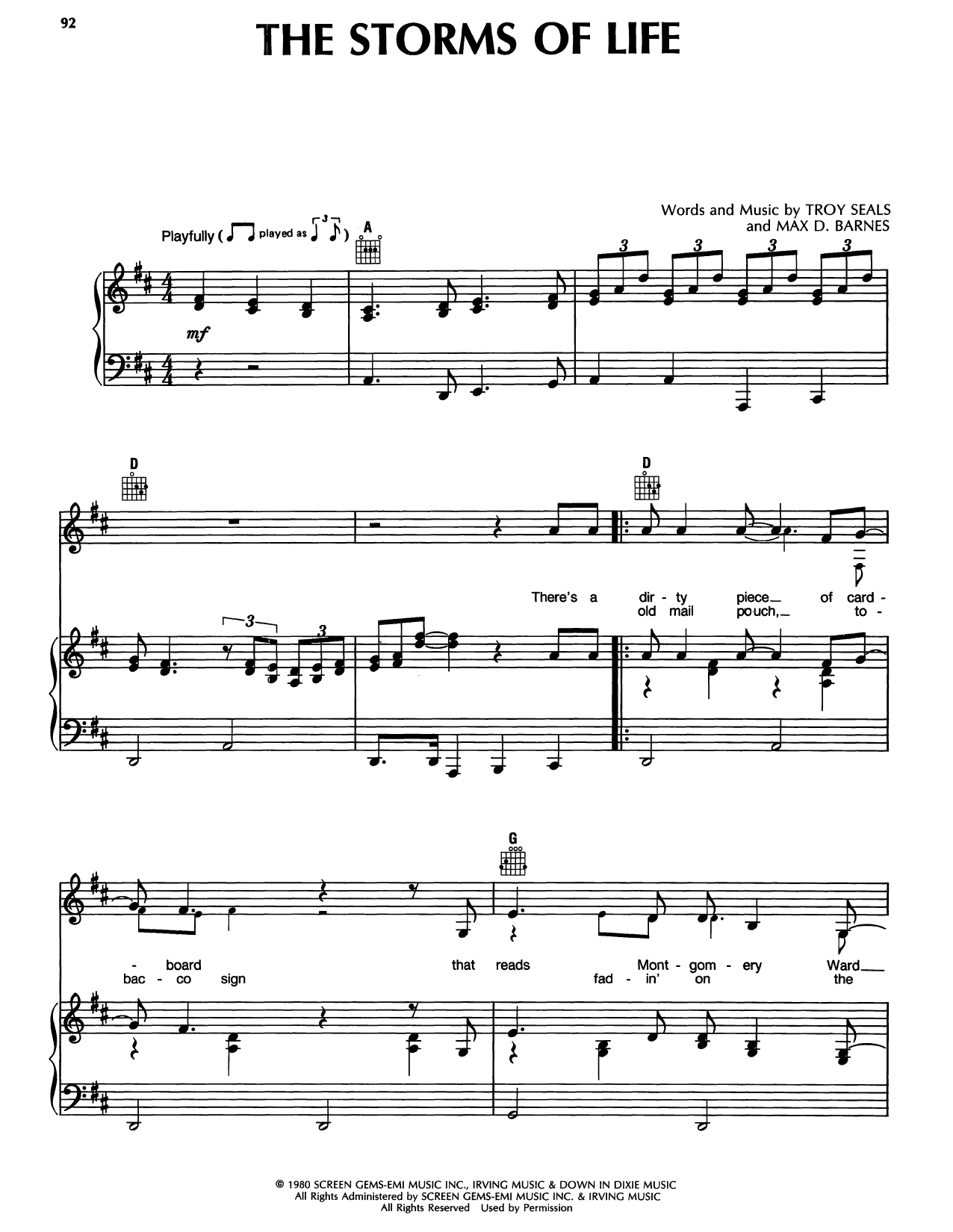 Randy Travis The Storms Of Life Sheet Music Notes & Chords for Piano, Vocal & Guitar Chords (Right-Hand Melody) - Download or Print PDF