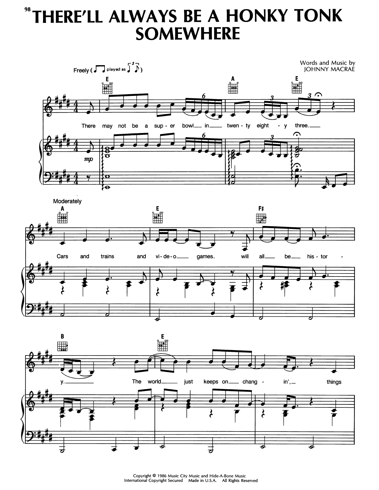 Randy Travis There'll Always Be A Honky Tonk Somewhere Sheet Music Notes & Chords for Piano, Vocal & Guitar Chords (Right-Hand Melody) - Download or Print PDF