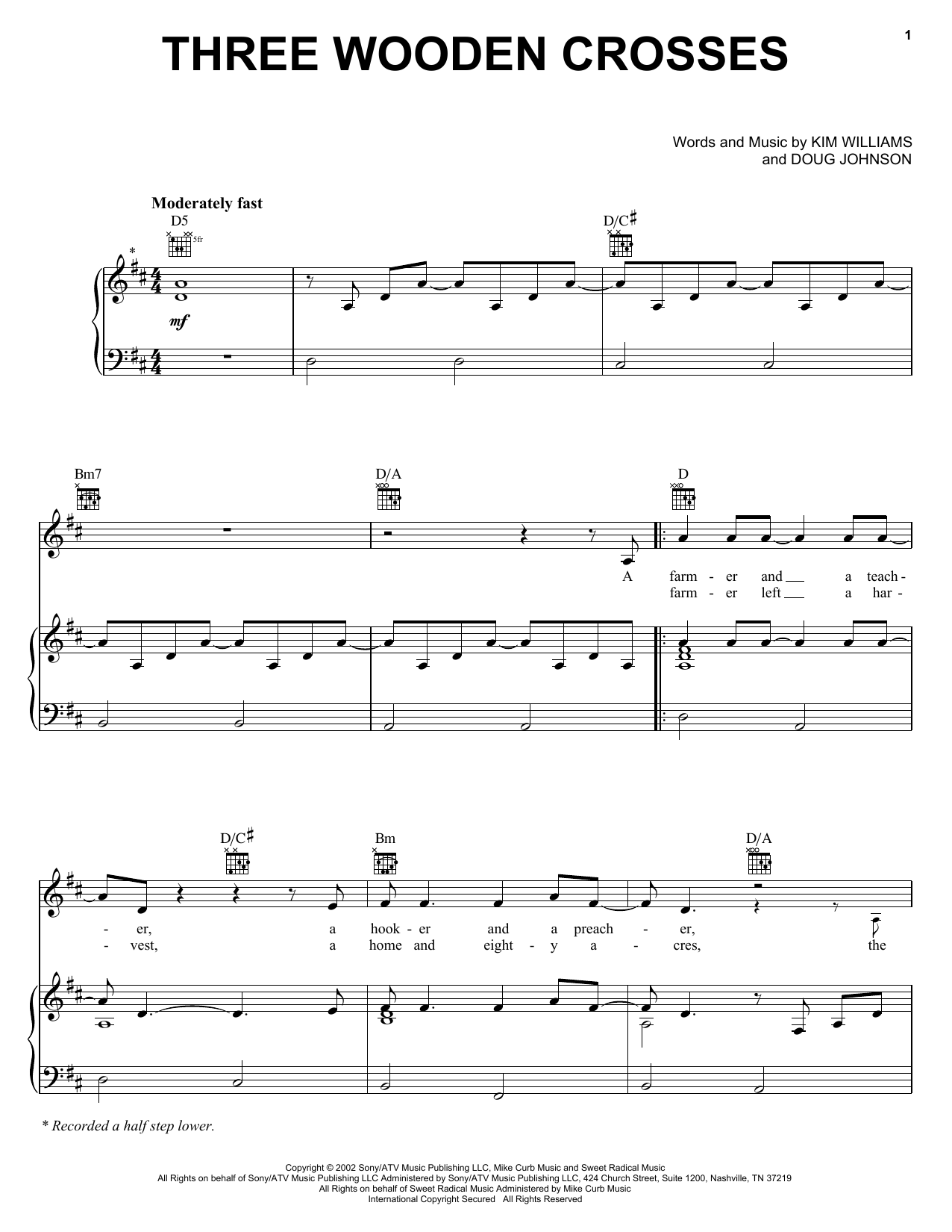 Randy Travis Three Wooden Crosses Sheet Music Notes & Chords for Piano, Vocal & Guitar (Right-Hand Melody) - Download or Print PDF