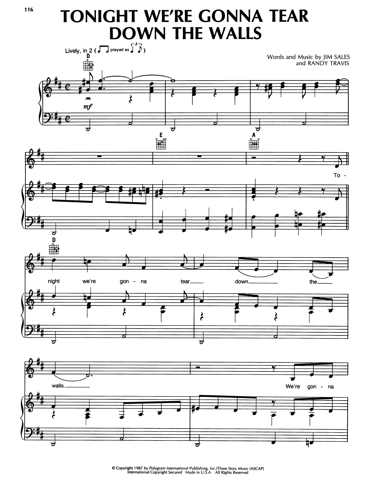 Randy Travis Tonight We're Gonna Tear Down The Walls Sheet Music Notes & Chords for Piano, Vocal & Guitar Chords (Right-Hand Melody) - Download or Print PDF