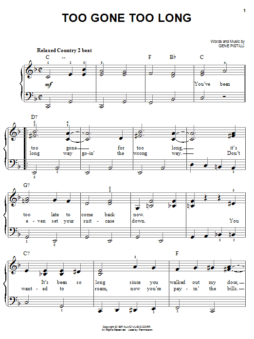 Randy Travis Too Gone Too Long Sheet Music Notes & Chords for Easy Piano - Download or Print PDF