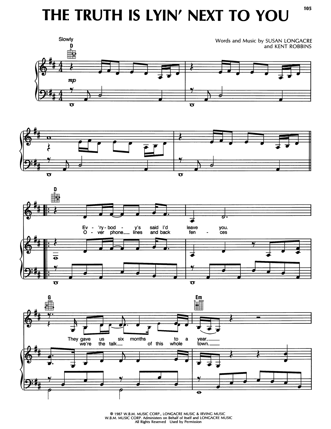 Randy Travis Truth Is Lyin' Next To You Sheet Music Notes & Chords for Piano, Vocal & Guitar Chords (Right-Hand Melody) - Download or Print PDF