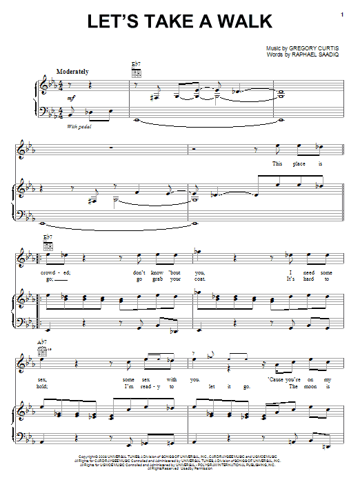 Raphael Saadiq Let's Take A Walk Sheet Music Notes & Chords for Piano, Vocal & Guitar (Right-Hand Melody) - Download or Print PDF
