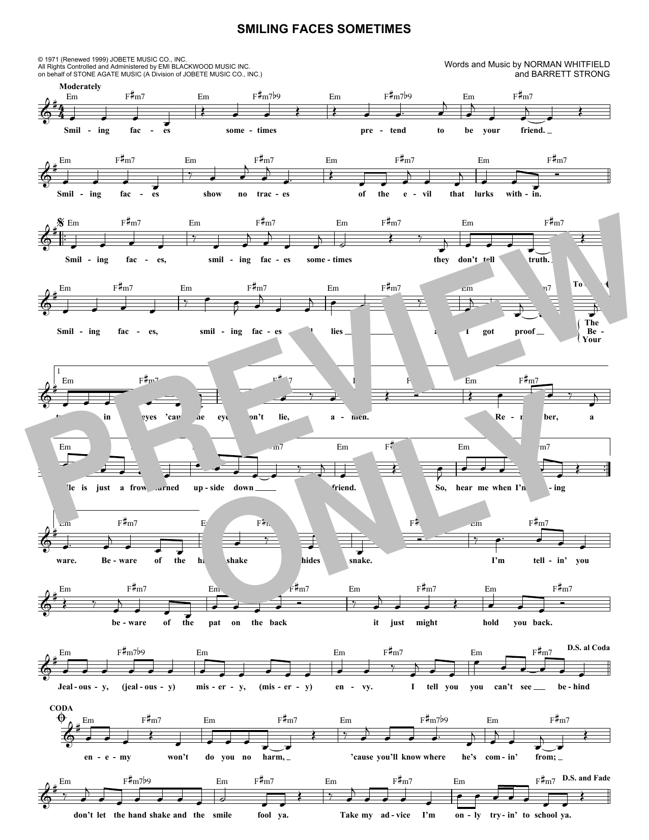 Rare Earth Smiling Faces Sometimes Sheet Music Notes & Chords for Melody Line, Lyrics & Chords - Download or Print PDF