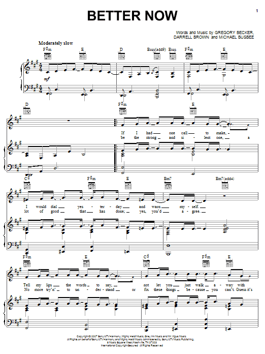 Rascal Flatts Better Now Sheet Music Notes & Chords for Piano, Vocal & Guitar (Right-Hand Melody) - Download or Print PDF