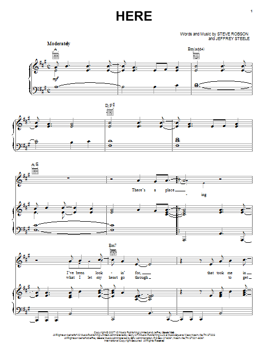 Rascal Flatts Here Sheet Music Notes & Chords for Piano, Vocal & Guitar (Right-Hand Melody) - Download or Print PDF