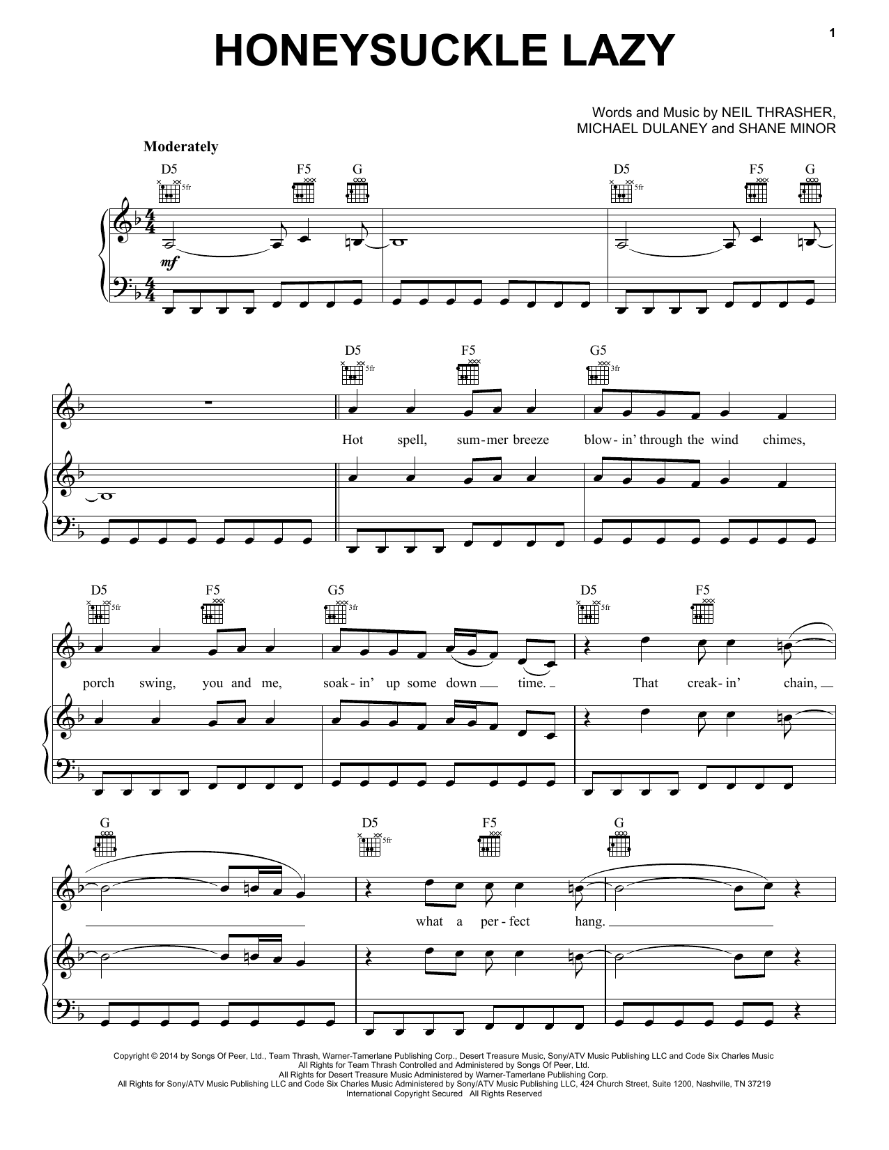 Rascal Flatts Honeysuckle Lazy Sheet Music Notes & Chords for Piano, Vocal & Guitar (Right-Hand Melody) - Download or Print PDF