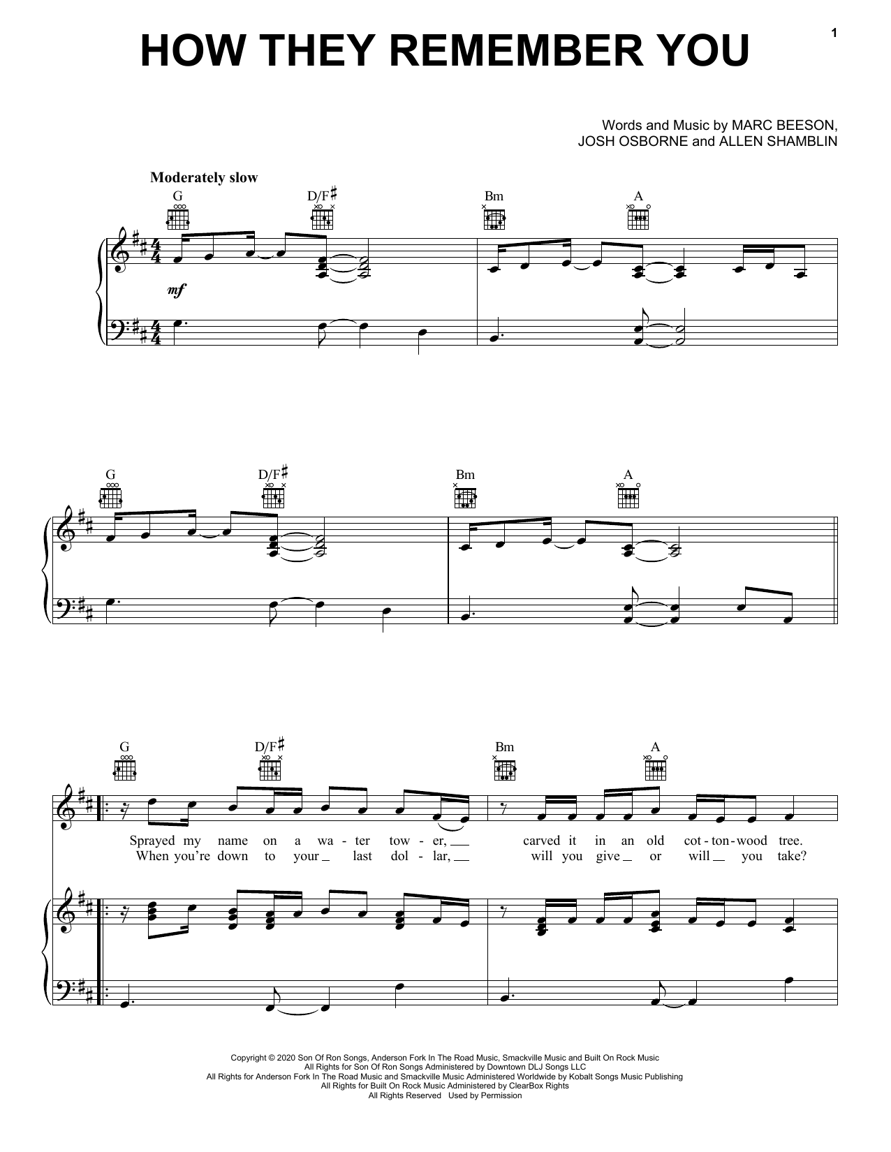 Rascal Flatts How They Remember You Sheet Music Notes & Chords for Piano, Vocal & Guitar (Right-Hand Melody) - Download or Print PDF