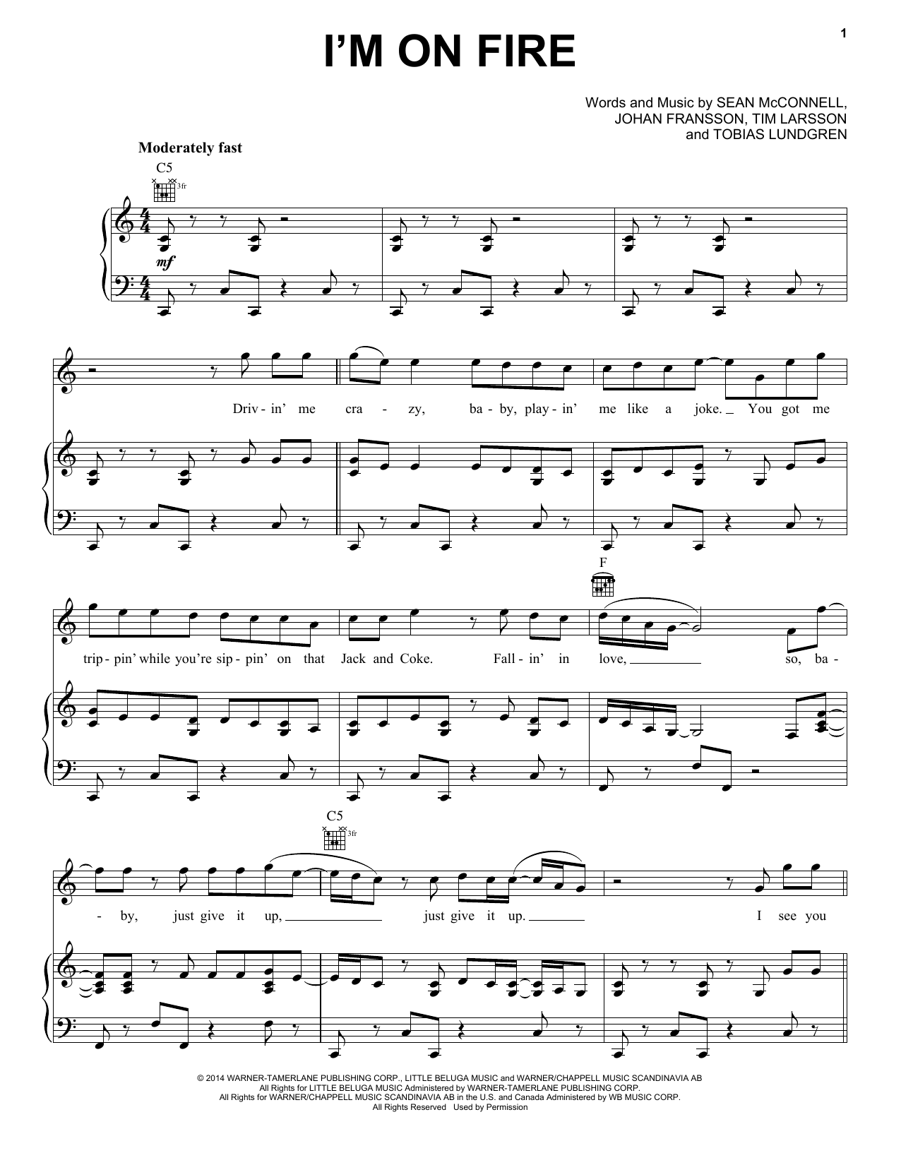 Rascal Flatts I'm On Fire Sheet Music Notes & Chords for Piano, Vocal & Guitar (Right-Hand Melody) - Download or Print PDF