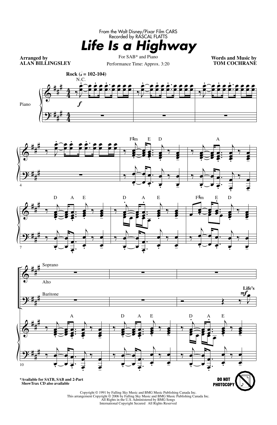 Rascal Flatts Life Is A Highway (from Cars) (arr. Alan Billingsley) Sheet Music Notes & Chords for SAB Choir - Download or Print PDF
