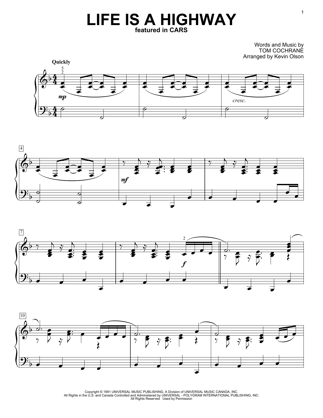 Rascal Flatts Life Is A Highway (from Cars) (arr. Kevin Olson) Sheet Music Notes & Chords for Easy Piano Solo - Download or Print PDF