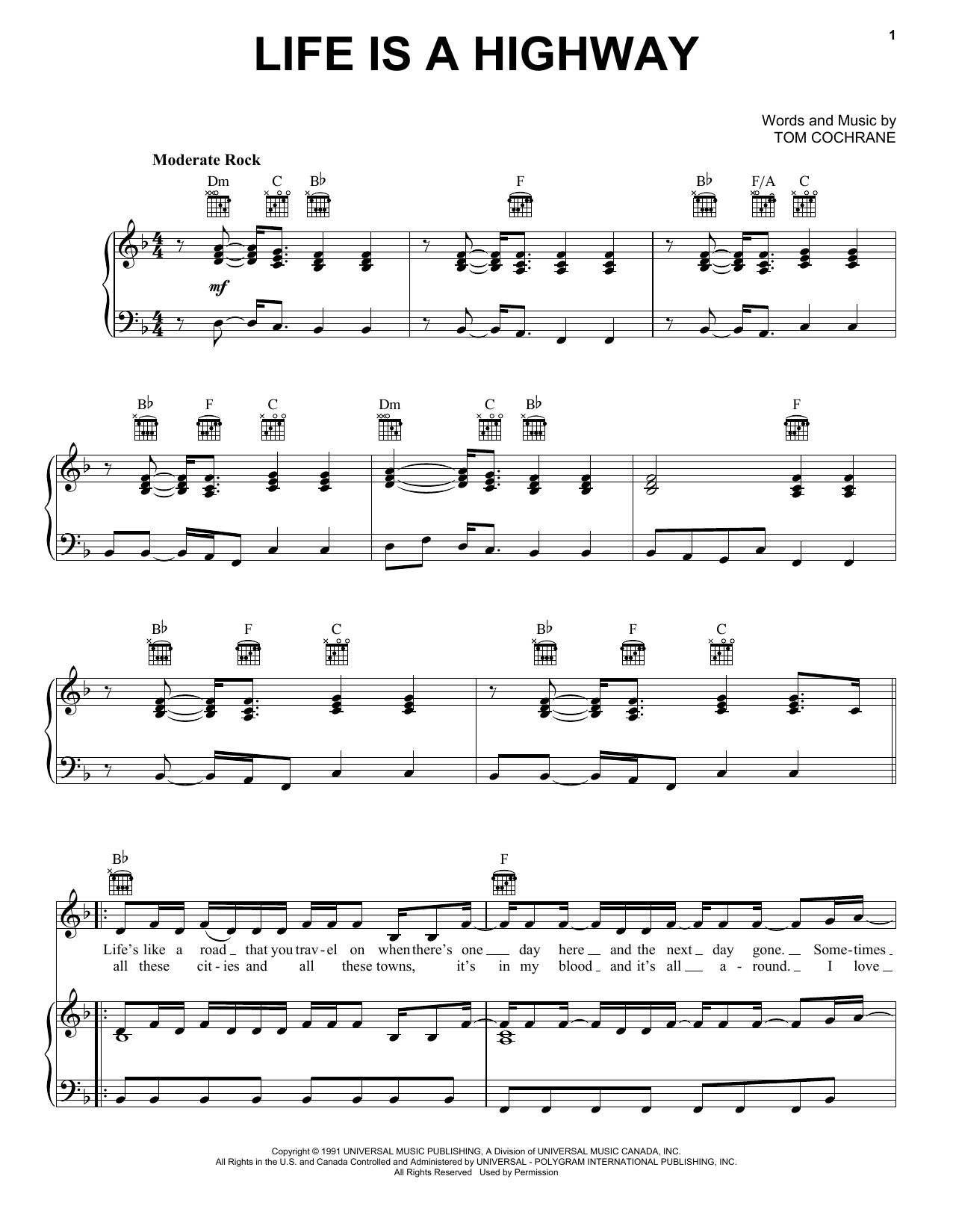 Rascal Flatts Life Is A Highway (from Cars) Sheet Music Notes & Chords for Big Note Piano - Download or Print PDF