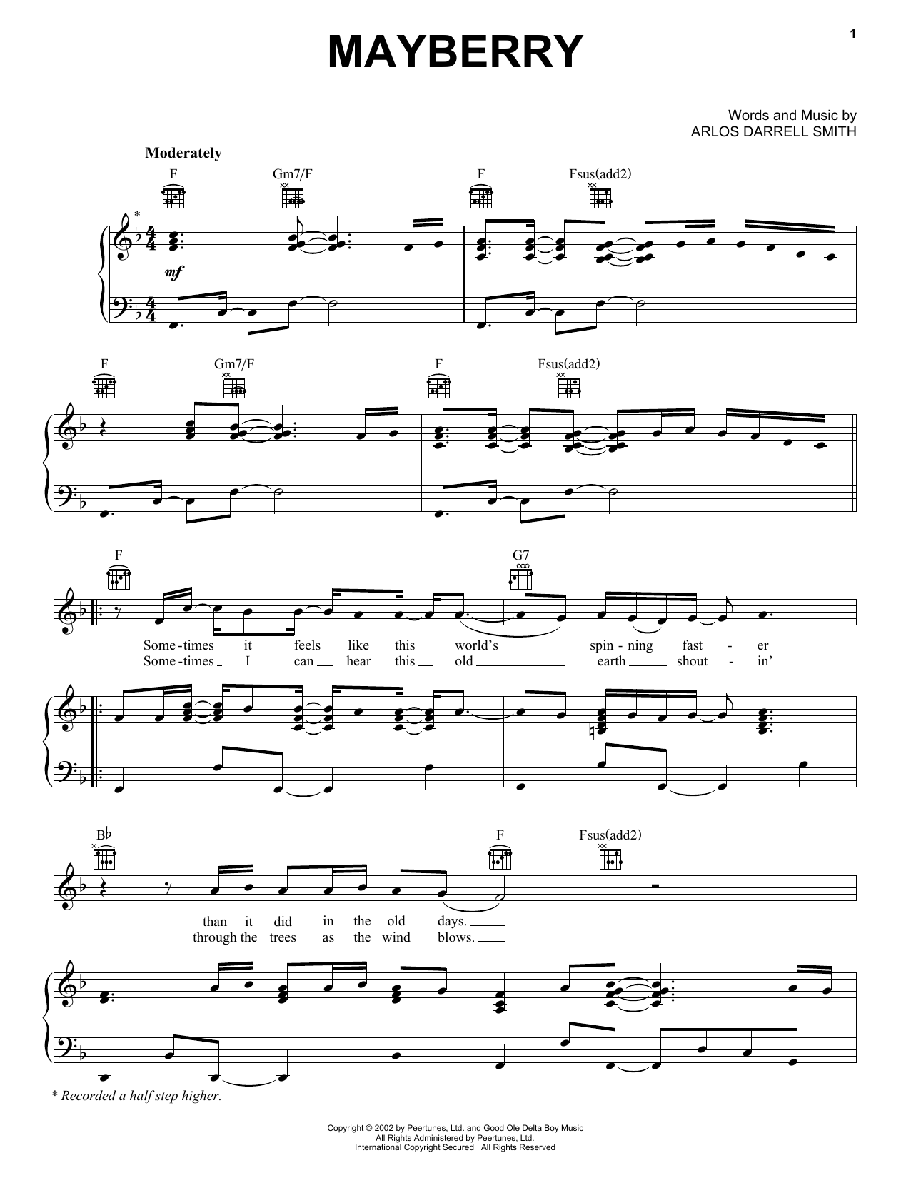 Rascal Flatts Mayberry Sheet Music Notes & Chords for Piano, Vocal & Guitar (Right-Hand Melody) - Download or Print PDF