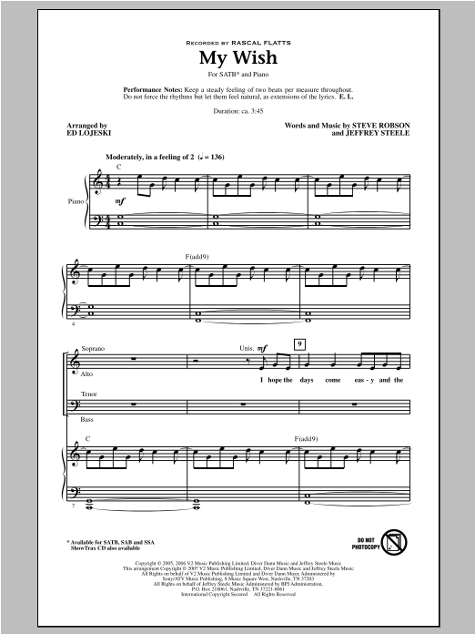 Rascal Flatts My Wish (arr. Ed Lojeski) Sheet Music Notes & Chords for SATB - Download or Print PDF
