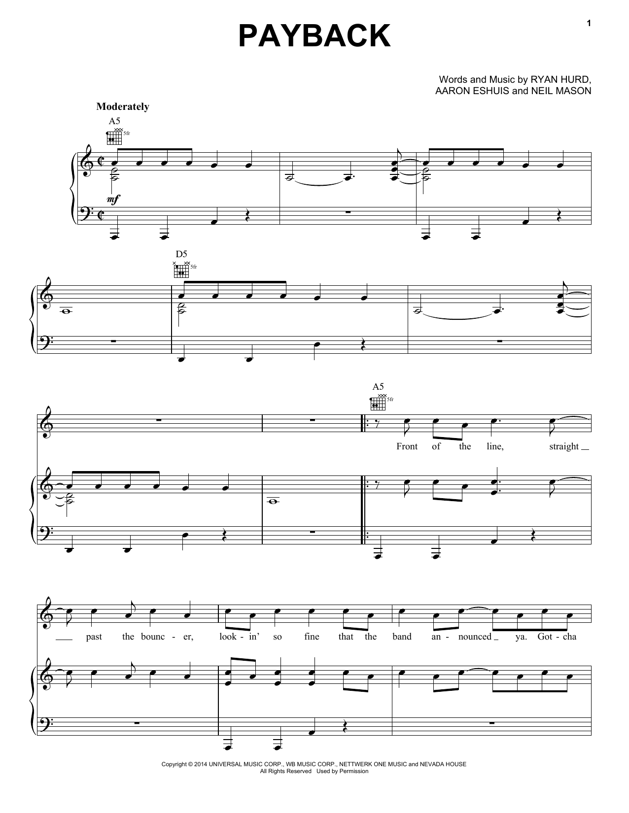 Rascal Flatts Payback Sheet Music Notes & Chords for Piano, Vocal & Guitar (Right-Hand Melody) - Download or Print PDF
