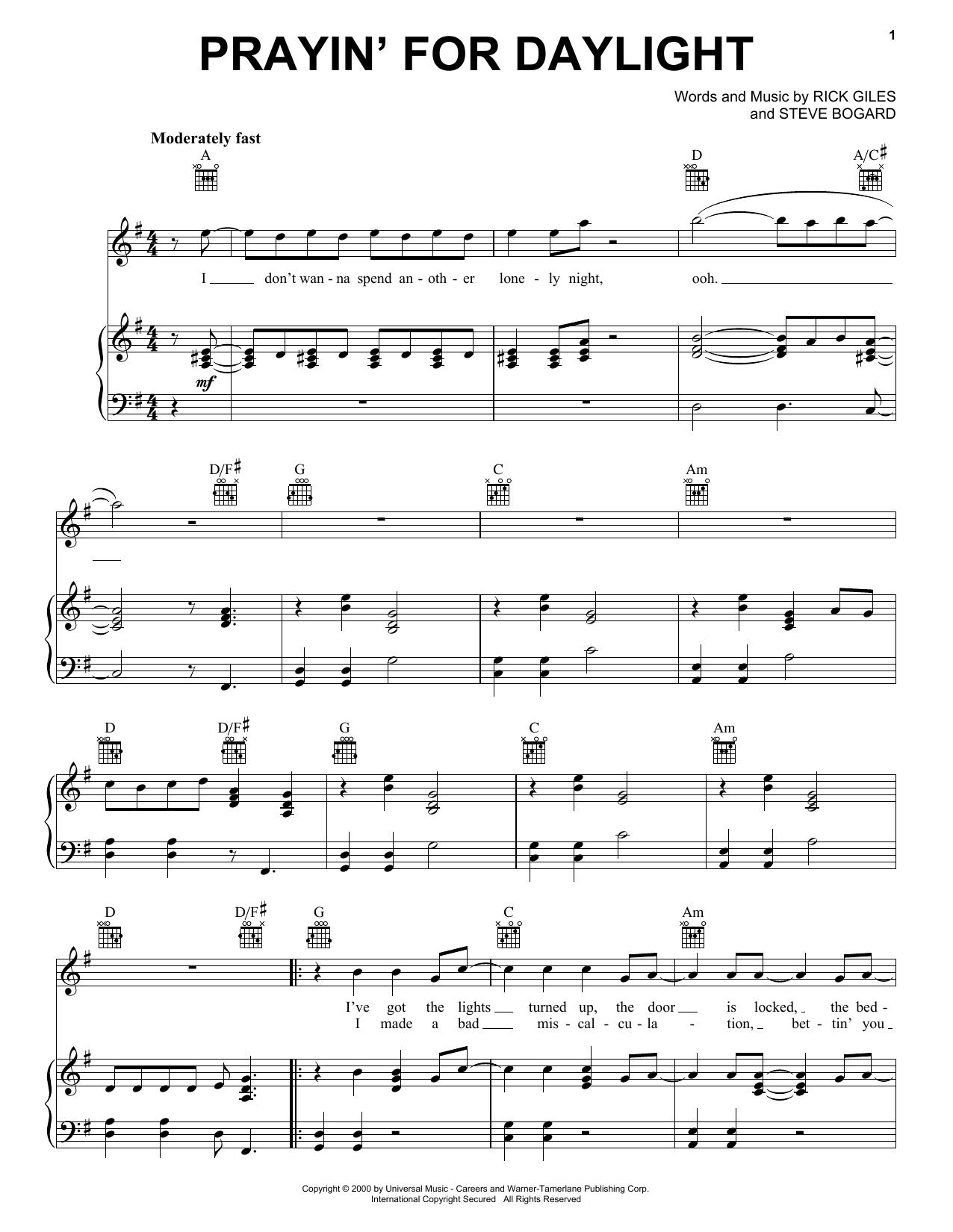 Rascal Flatts Prayin' For Daylight Sheet Music Notes & Chords for Piano, Vocal & Guitar (Right-Hand Melody) - Download or Print PDF