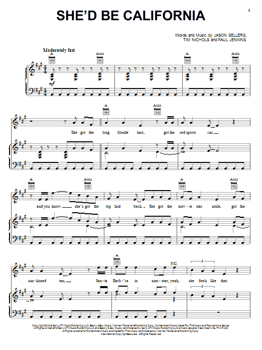 Rascal Flatts She'd Be California Sheet Music Notes & Chords for Piano, Vocal & Guitar (Right-Hand Melody) - Download or Print PDF