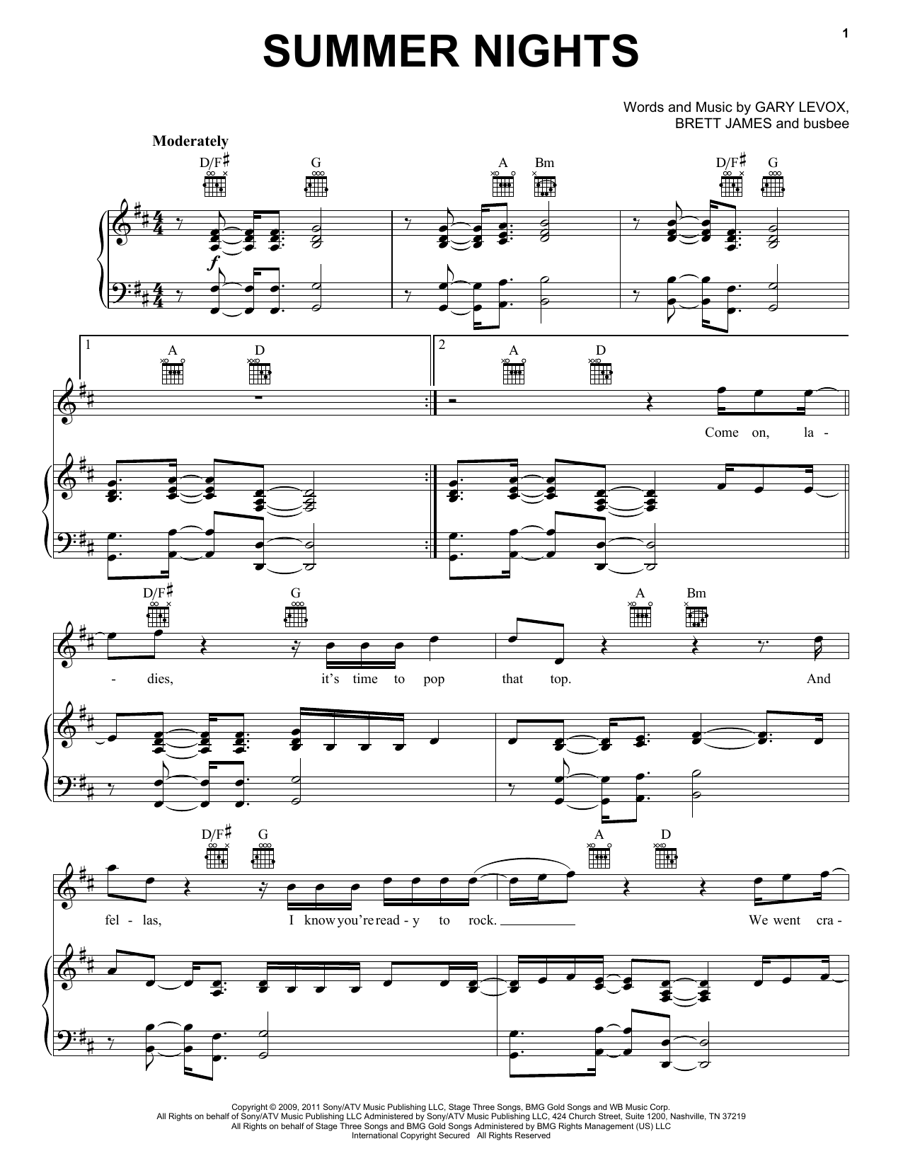 Rascal Flatts Summer Nights Sheet Music Notes & Chords for Piano, Vocal & Guitar (Right-Hand Melody) - Download or Print PDF