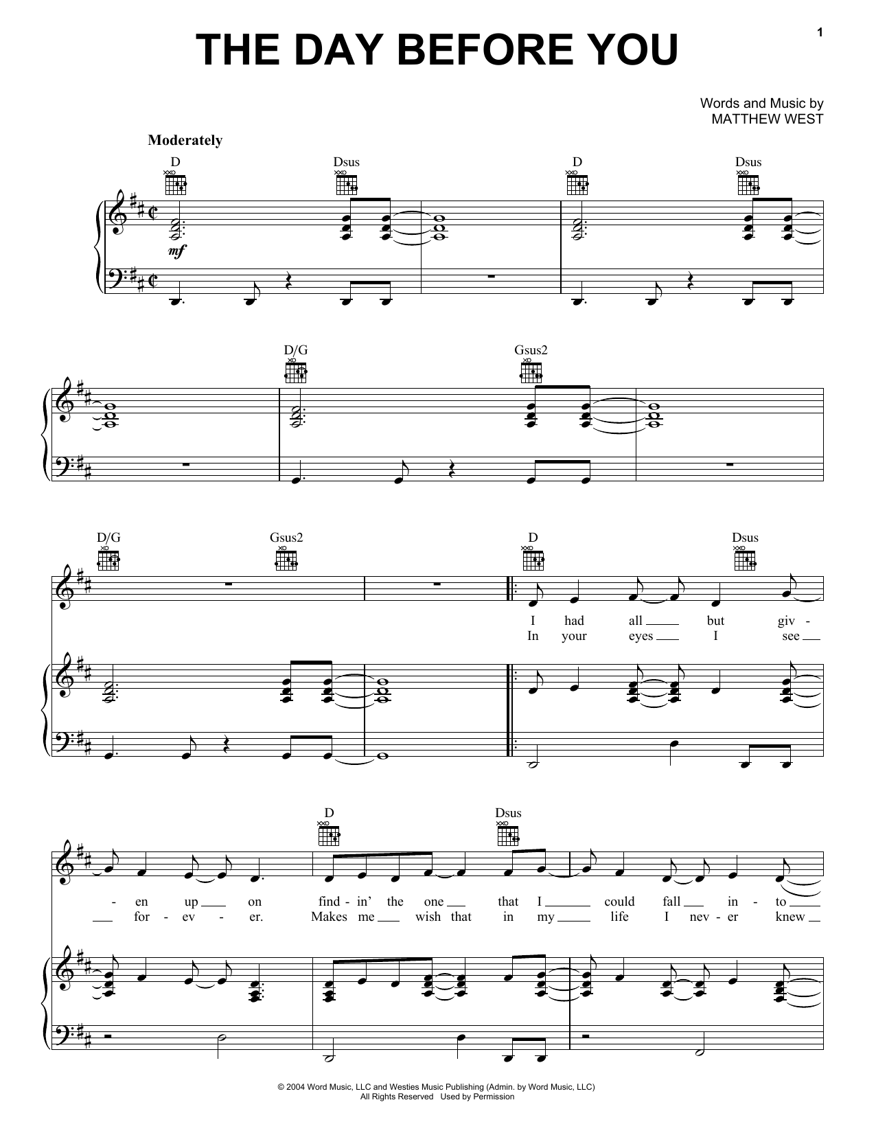 Rascal Flatts The Day Before You Sheet Music Notes & Chords for Piano, Vocal & Guitar (Right-Hand Melody) - Download or Print PDF