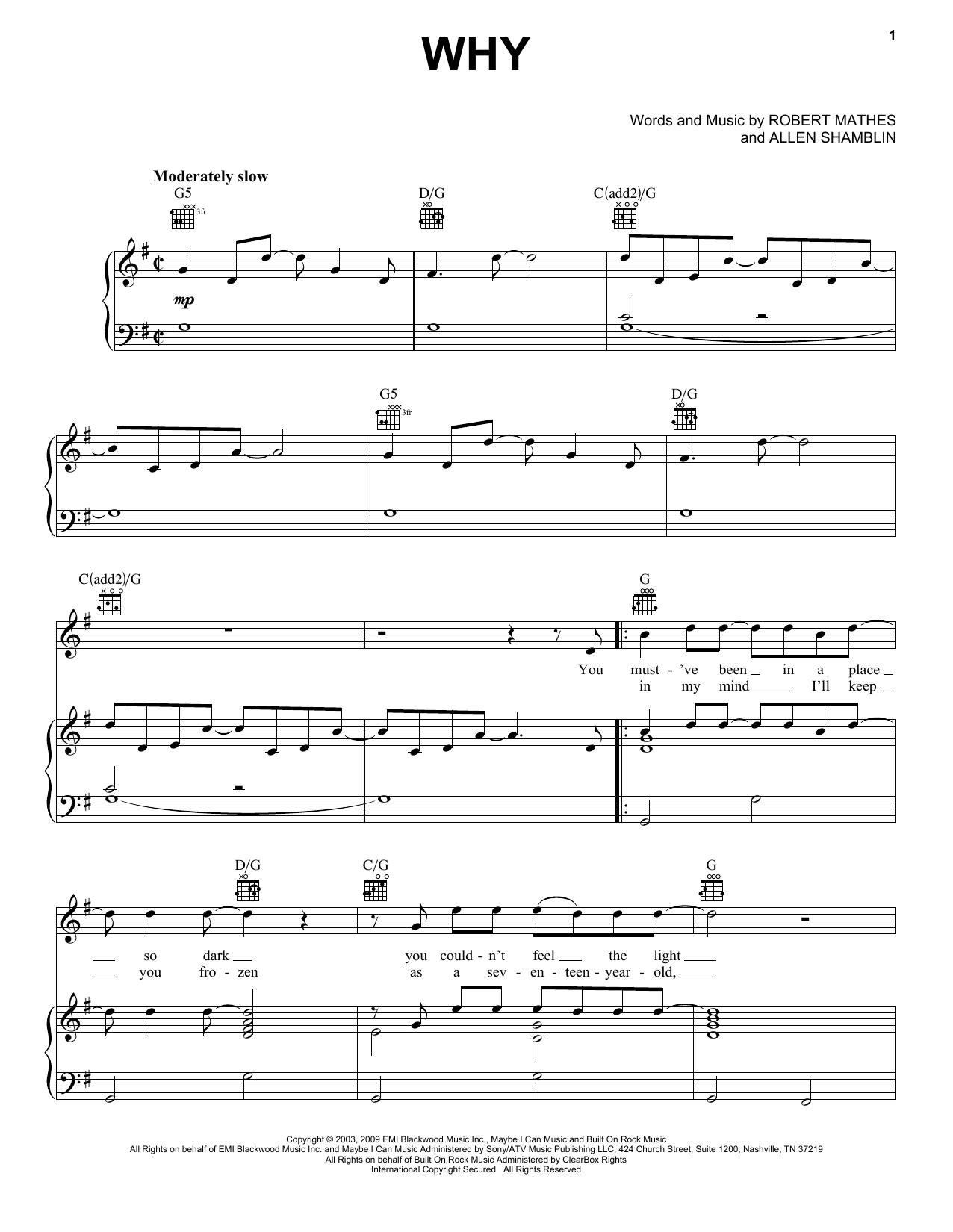 Rascal Flatts Why Sheet Music Notes & Chords for Piano, Vocal & Guitar (Right-Hand Melody) - Download or Print PDF