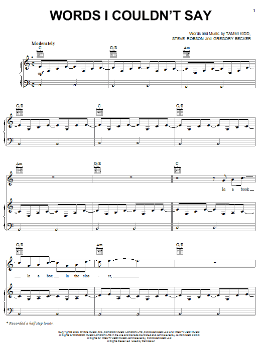 Rascal Flatts Words I Couldn't Say Sheet Music Notes & Chords for Piano, Vocal & Guitar (Right-Hand Melody) - Download or Print PDF