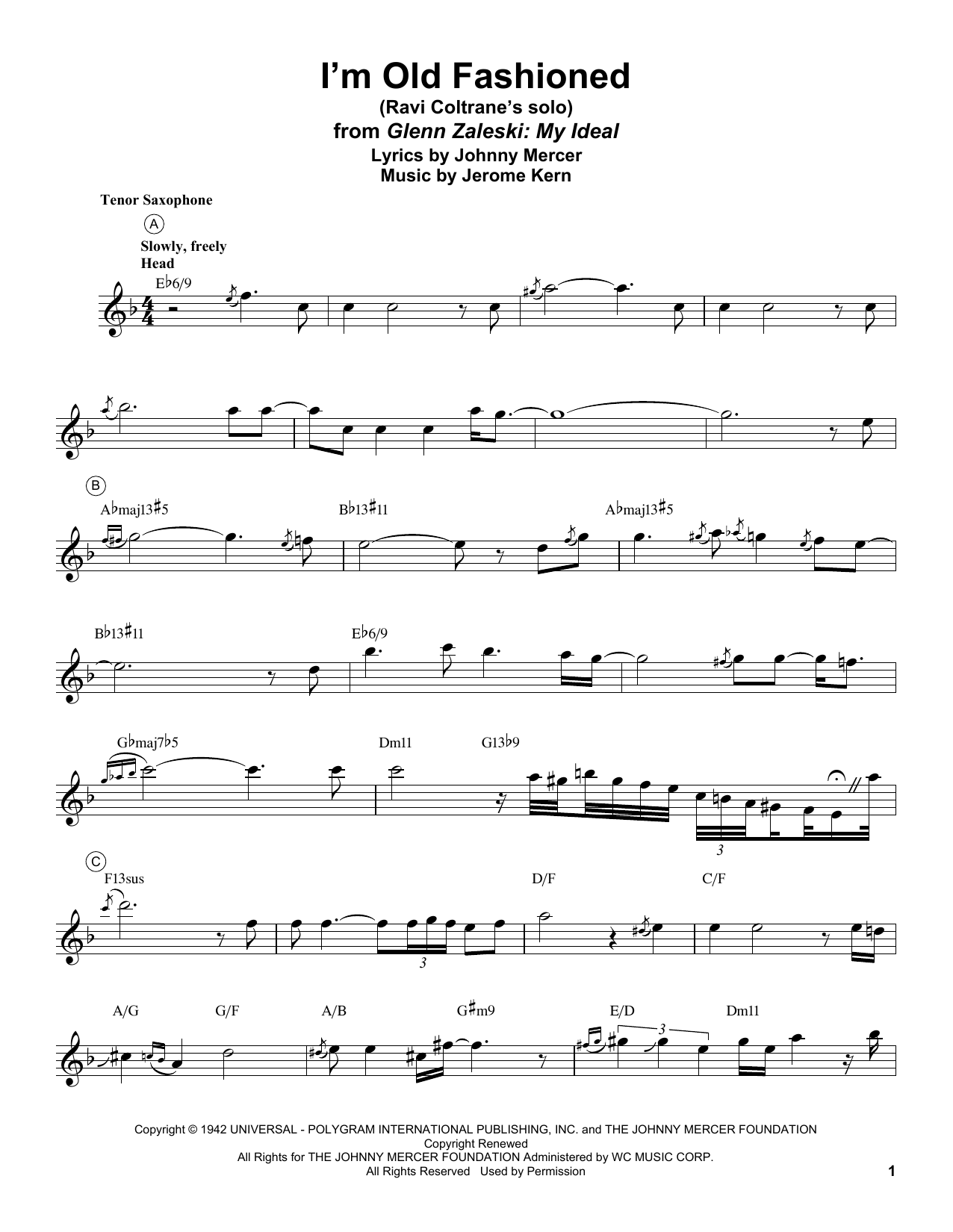 Ravi Coltrane I'm Old Fashioned Sheet Music Notes & Chords for Tenor Sax Transcription - Download or Print PDF