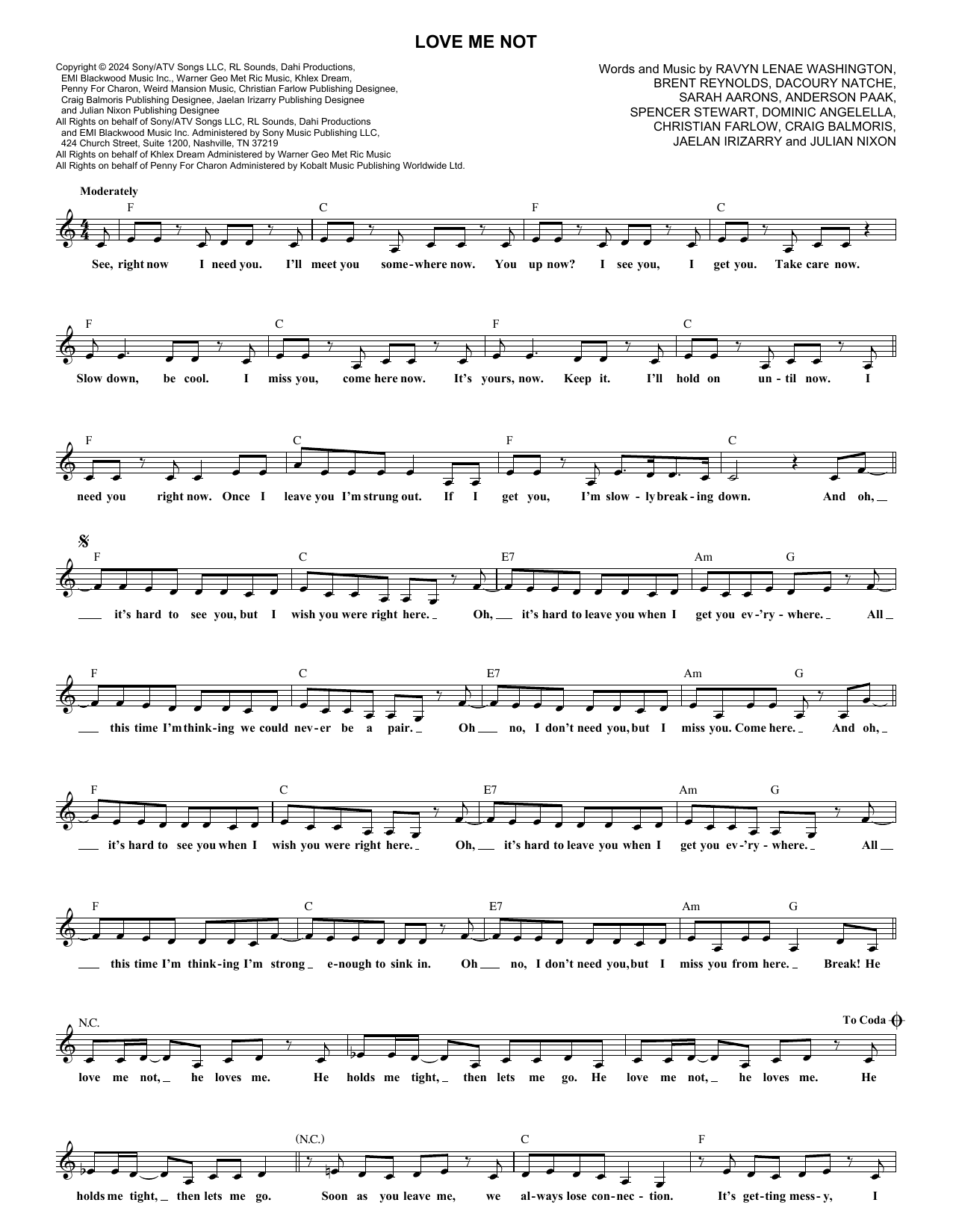 Ravyn Lenae Love Me Not Sheet Music Notes & Chords for Lead Sheet / Fake Book - Download or Print PDF