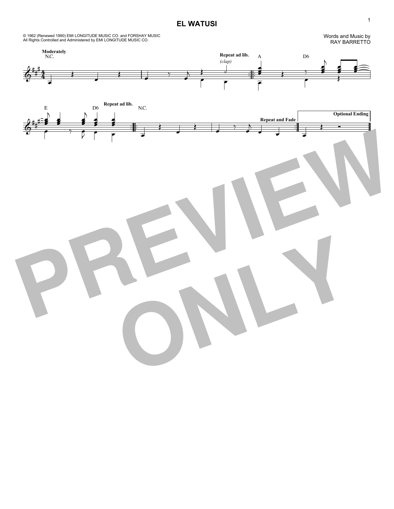 Ray Barretto El Watusi Sheet Music Notes & Chords for Melody Line, Lyrics & Chords - Download or Print PDF