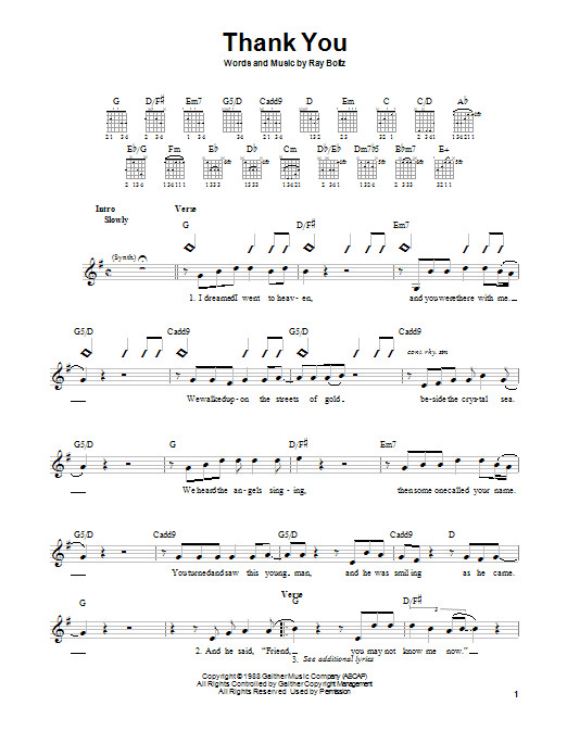 Ray Boltz Thank You Sheet Music Notes & Chords for Piano, Vocal & Guitar Chords (Right-Hand Melody) - Download or Print PDF