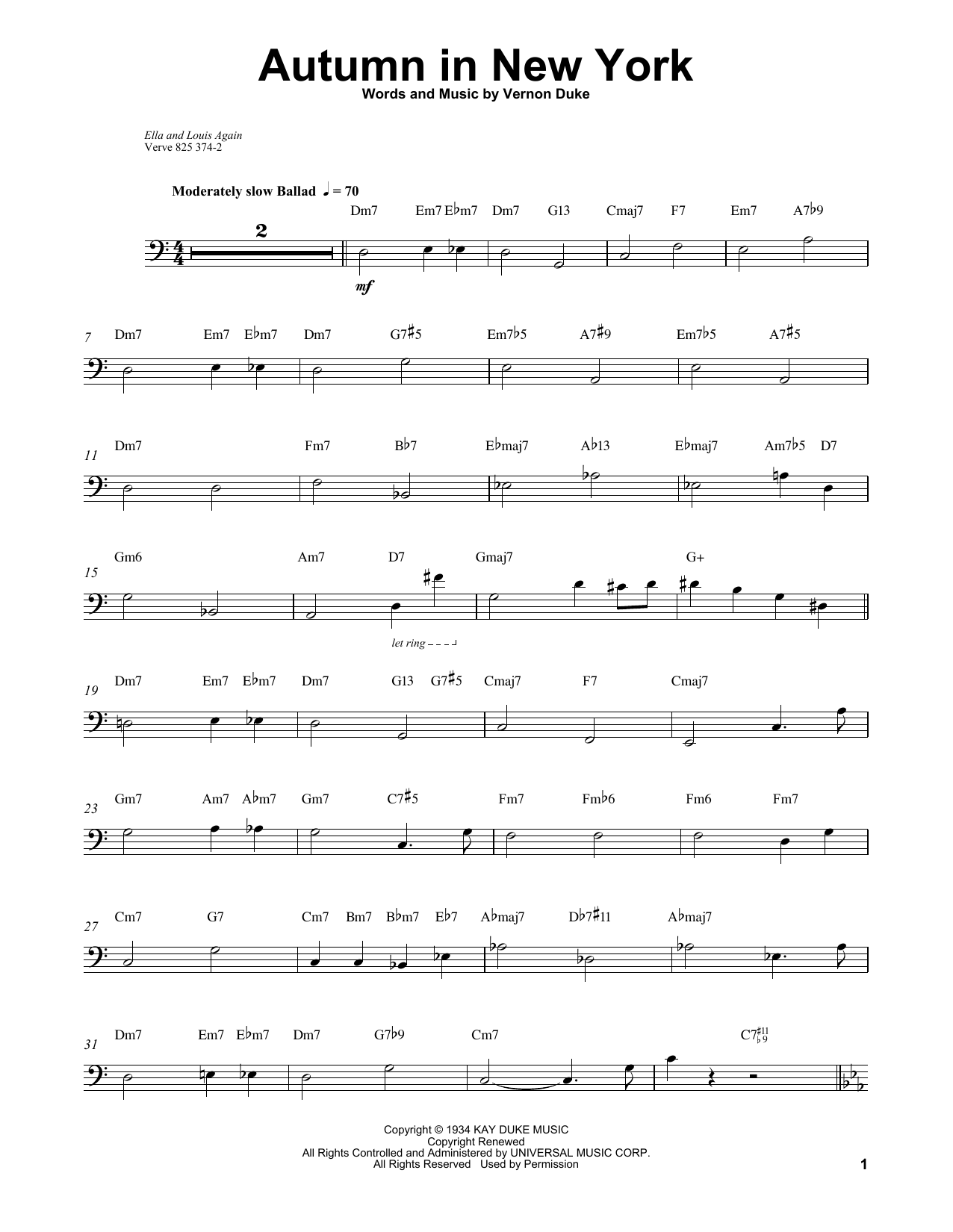 Ray Brown Autumn In New York Sheet Music Notes & Chords for Bass Transcription - Download or Print PDF