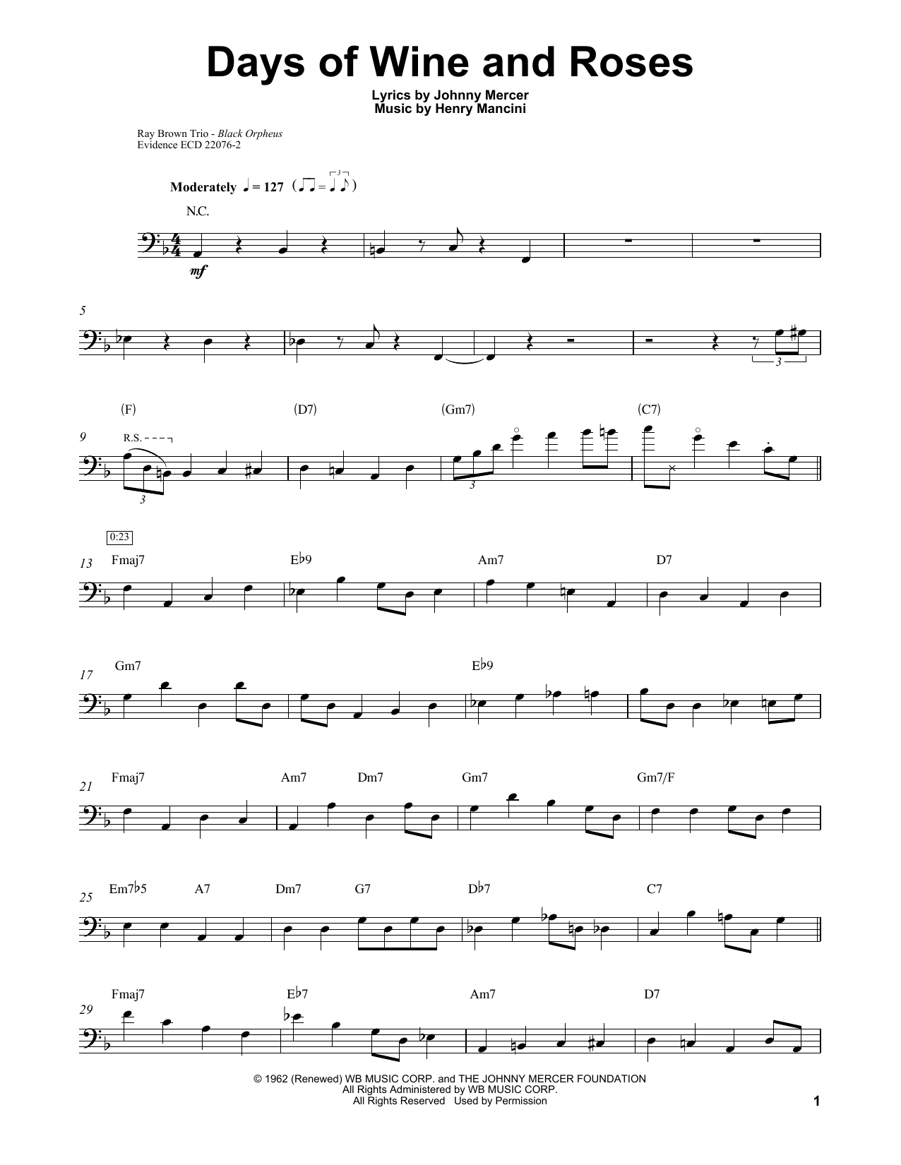Ray Brown Days Of Wine And Roses Sheet Music Notes & Chords for Bass Transcription - Download or Print PDF