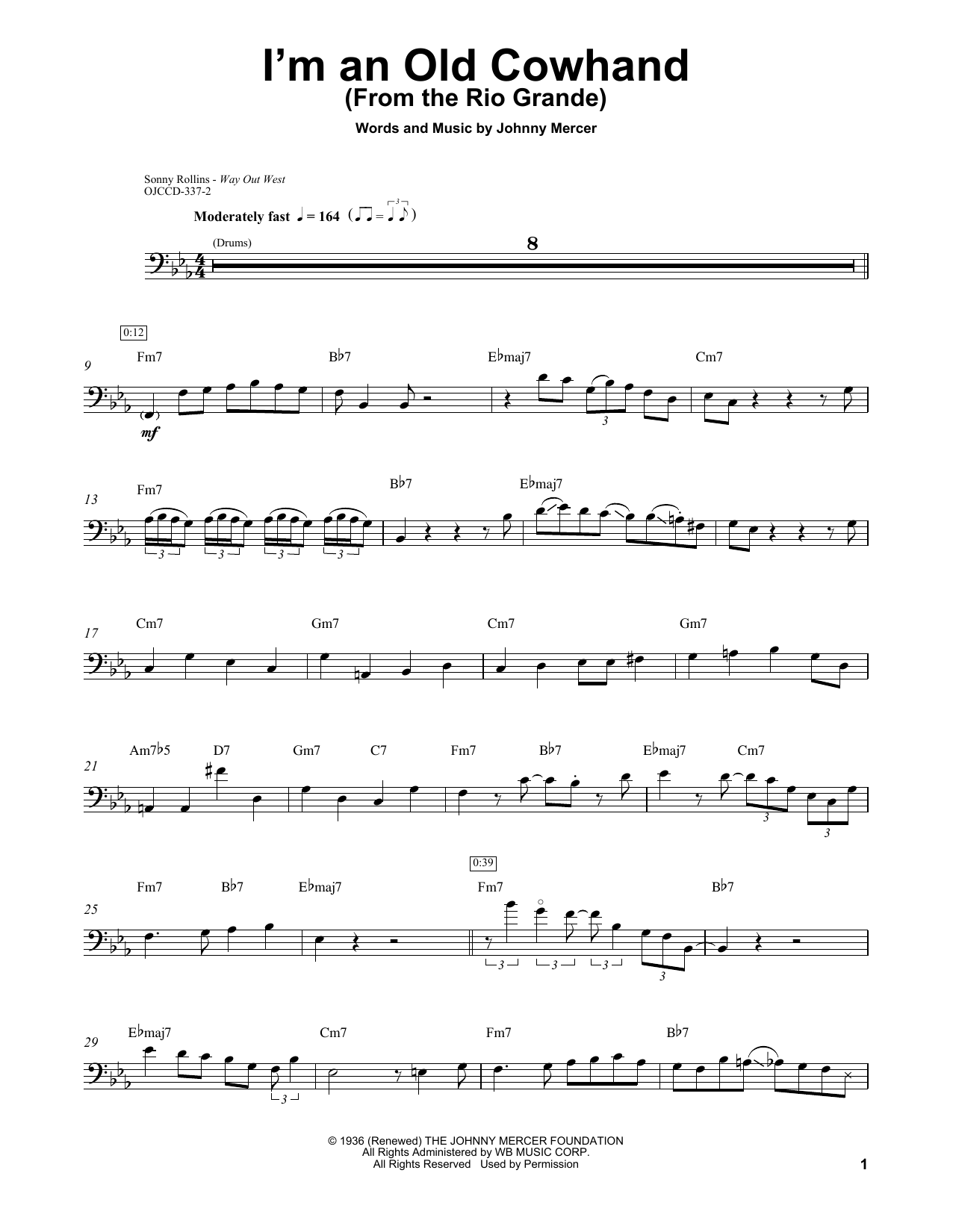 Ray Brown I'm An Old Cowhand (From The Rio Grande) Sheet Music Notes & Chords for Bass Transcription - Download or Print PDF