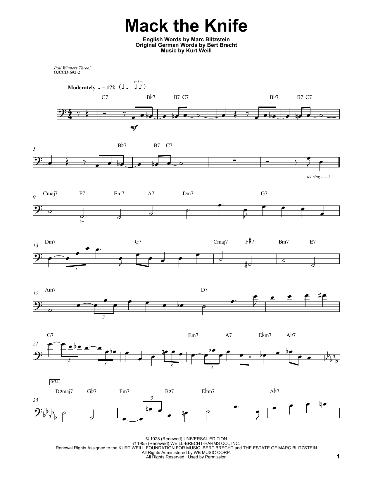 Ray Brown Mack The Knife Sheet Music Notes & Chords for Bass Transcription - Download or Print PDF