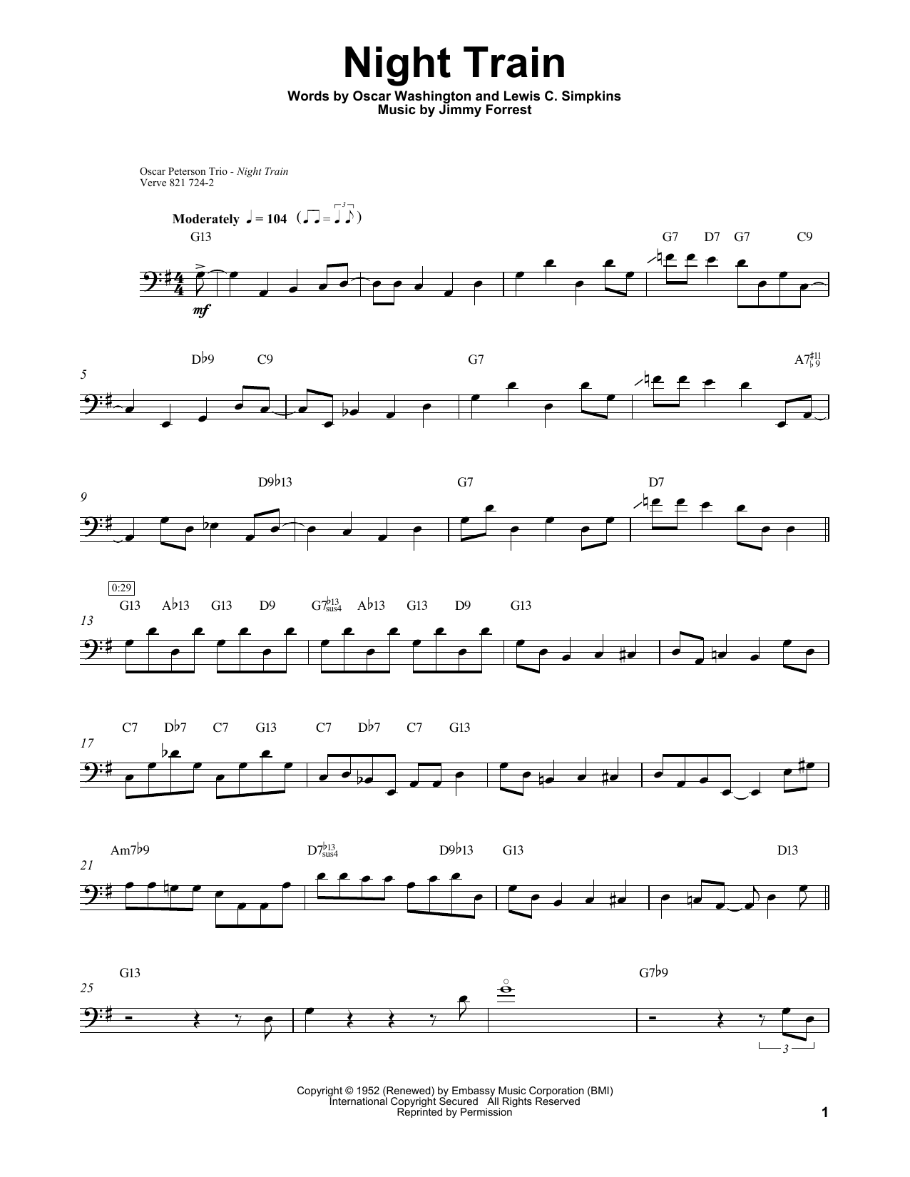 Ray Brown Night Train Sheet Music Notes & Chords for Bass Transcription - Download or Print PDF