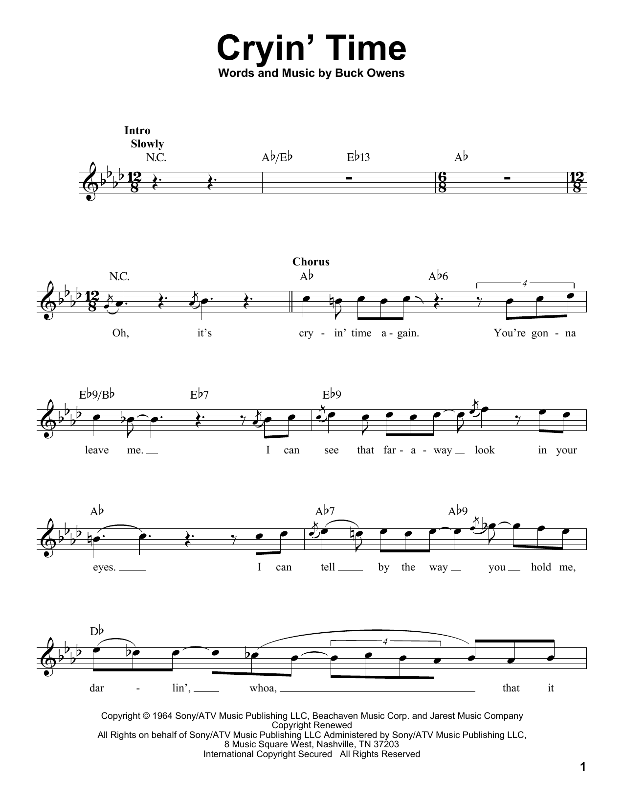 Ray Charles Cryin' Time Sheet Music Notes & Chords for Voice - Download or Print PDF