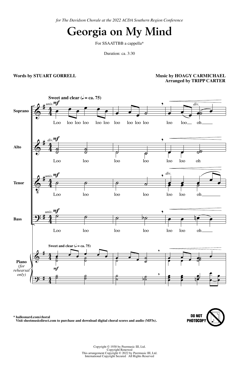 Ray Charles Georgia On My Mind (arr. Tripp Carter) Sheet Music Notes & Chords for SSAATTBB Choir - Download or Print PDF