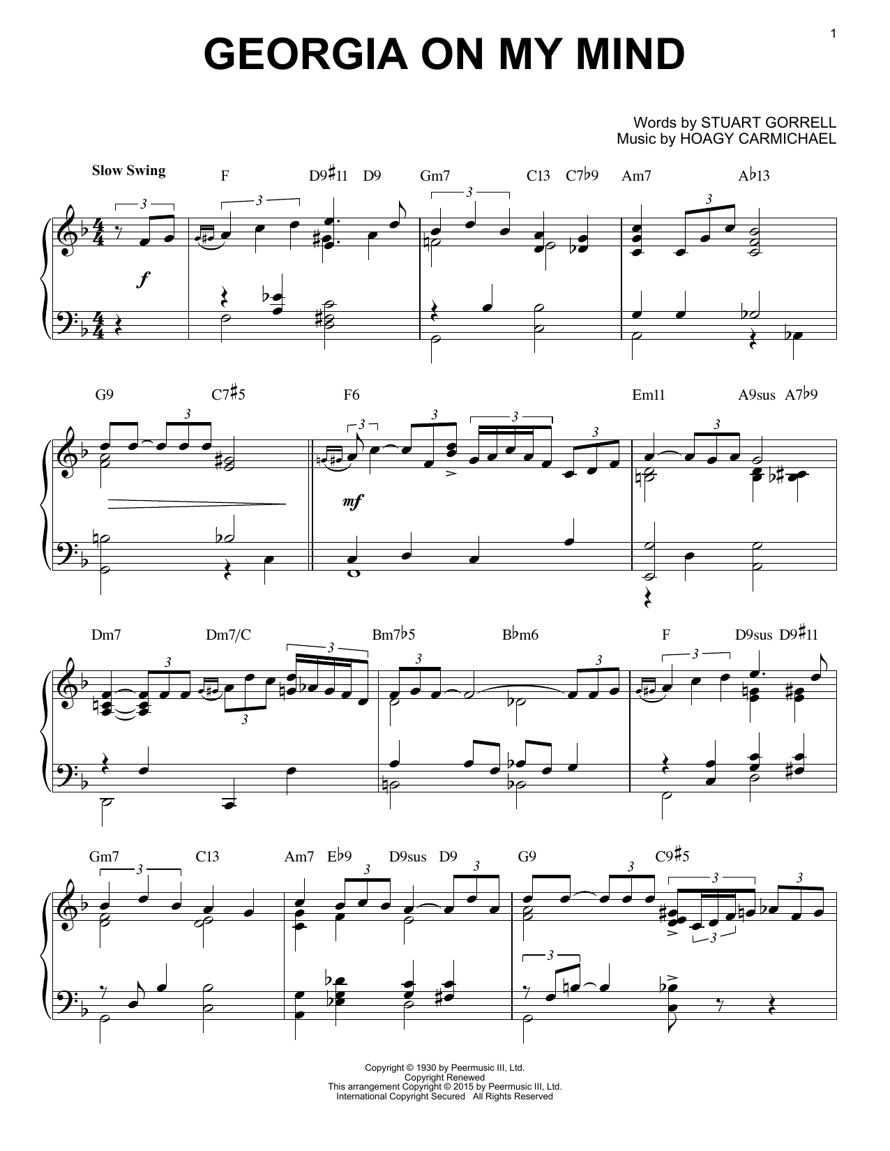 Ray Charles Georgia On My Mind [Jazz version] (arr. Brent Edstrom) Sheet Music Notes & Chords for Piano - Download or Print PDF