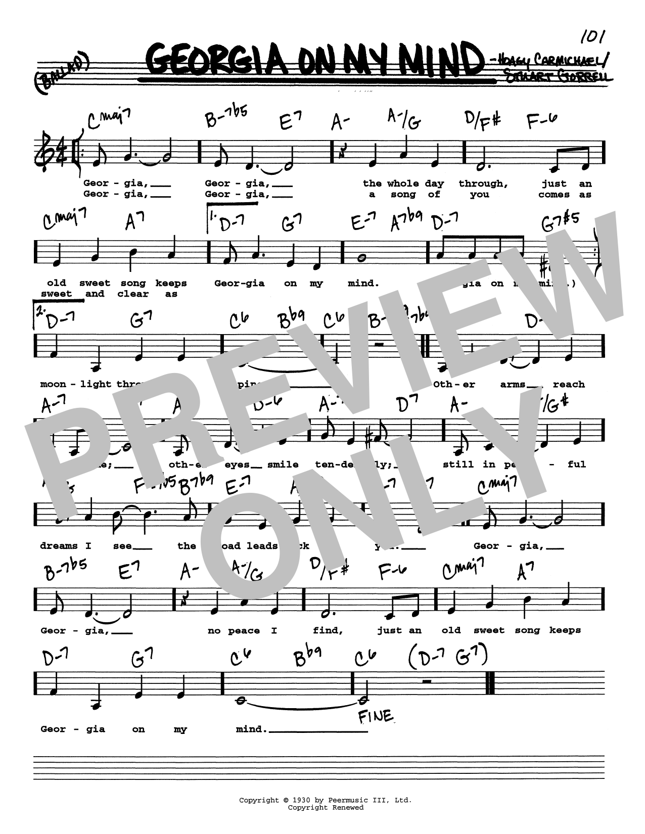 Ray Charles Georgia On My Mind (Low Voice) Sheet Music Notes & Chords for Real Book – Melody, Lyrics & Chords - Download or Print PDF