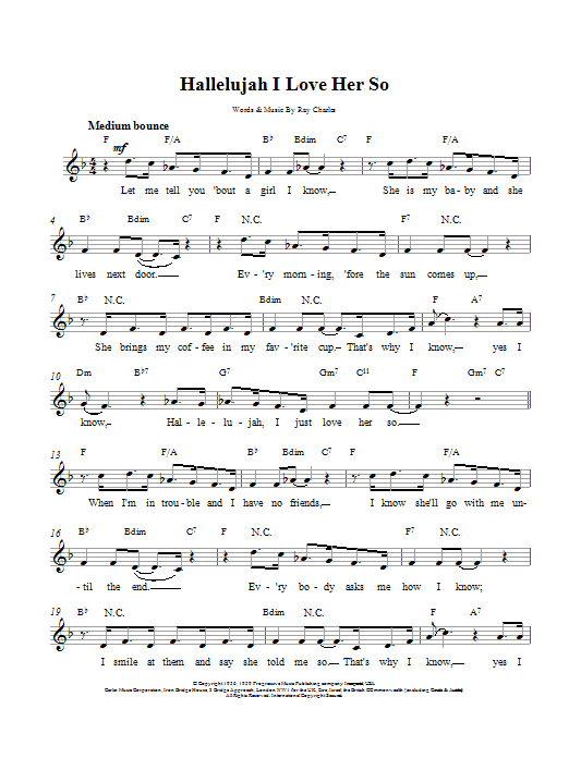 Ray Charles Hallelujah, I Love Her So Sheet Music Notes & Chords for Voice - Download or Print PDF