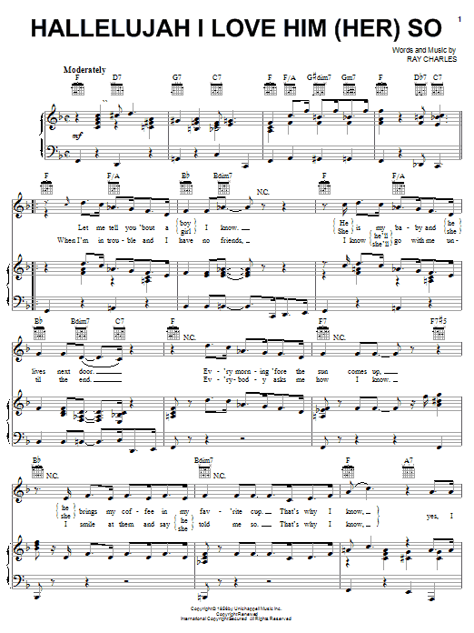 Ray Charles Hallelujah I Love Him (Her) So Sheet Music Notes & Chords for Piano, Vocal & Guitar (Right-Hand Melody) - Download or Print PDF