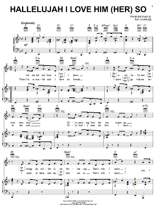 Ray Charles Hallelujah I Love Him (Her) So sheet music notes and chords. Download Printable PDF.