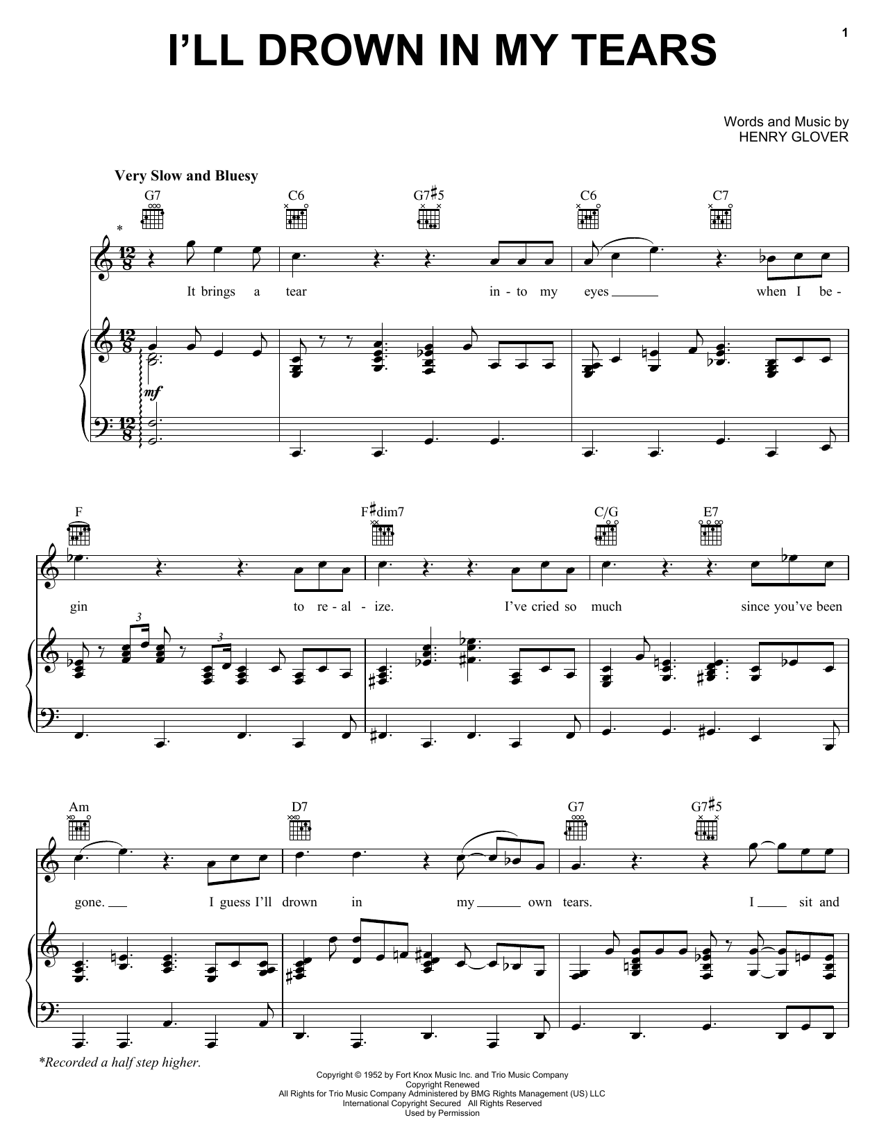 Ray Charles I'll Drown In My Tears Sheet Music Notes & Chords for Piano, Vocal & Guitar (Right-Hand Melody) - Download or Print PDF