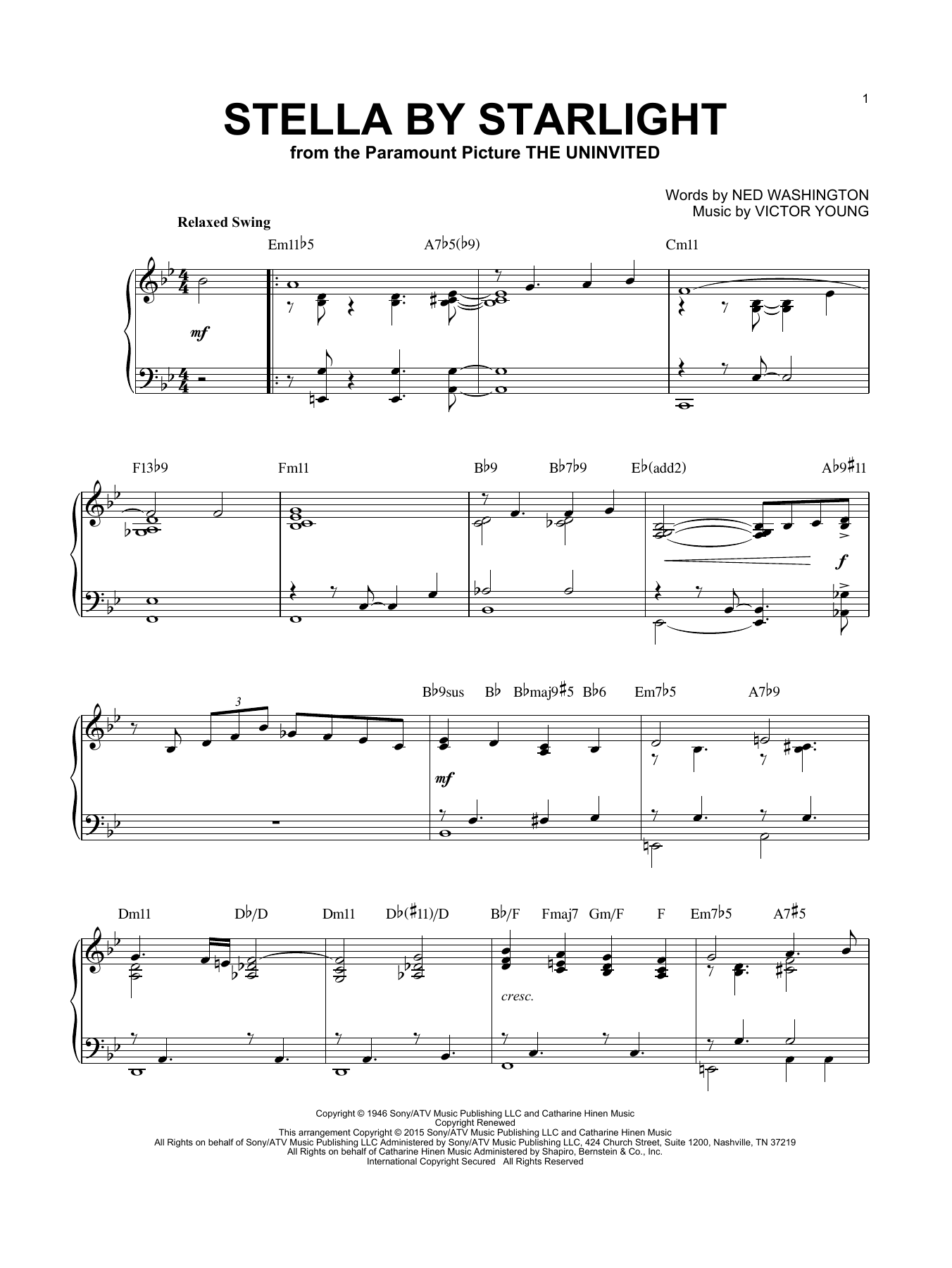 Ray Charles Stella By Starlight [Jazz version] (arr. Brent Edstrom) Sheet Music Notes & Chords for Piano - Download or Print PDF