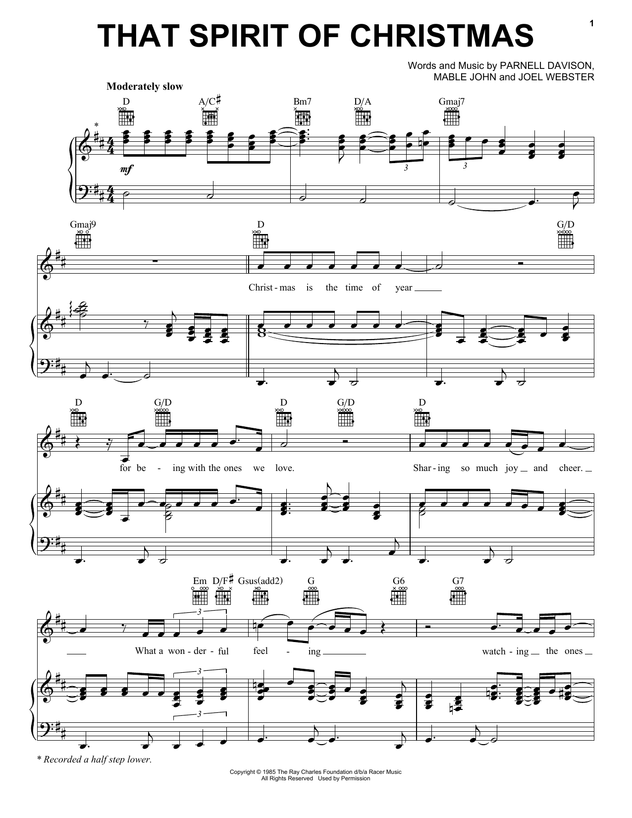 Ray Charles That Spirit Of Christmas Sheet Music Notes & Chords for Piano, Vocal & Guitar (Right-Hand Melody) - Download or Print PDF