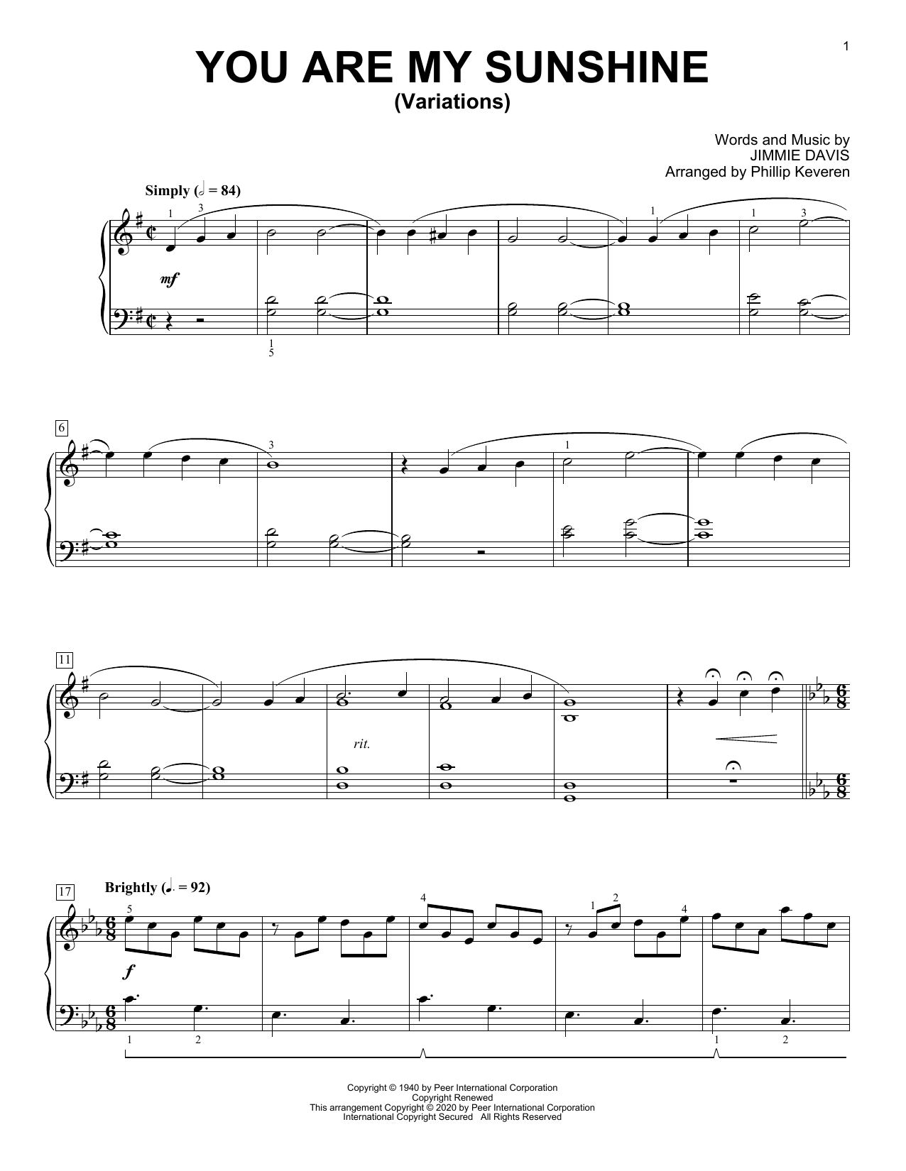 Ray Charles You Are My Sunshine [Classical version] (arr. Phillip Keveren) Sheet Music Notes & Chords for Piano Solo - Download or Print PDF