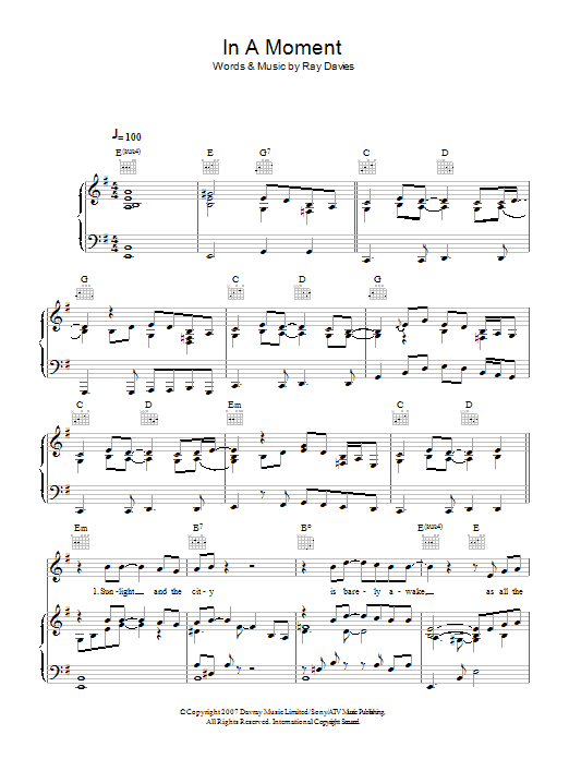 Ray Davies In A Moment Sheet Music Notes & Chords for Piano, Vocal & Guitar (Right-Hand Melody) - Download or Print PDF