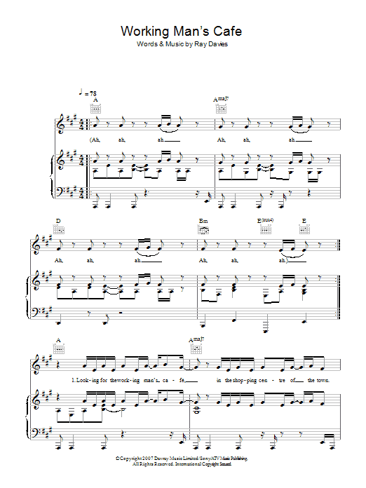 Ray Davies Working Man's Cafe Sheet Music Notes & Chords for Piano, Vocal & Guitar (Right-Hand Melody) - Download or Print PDF