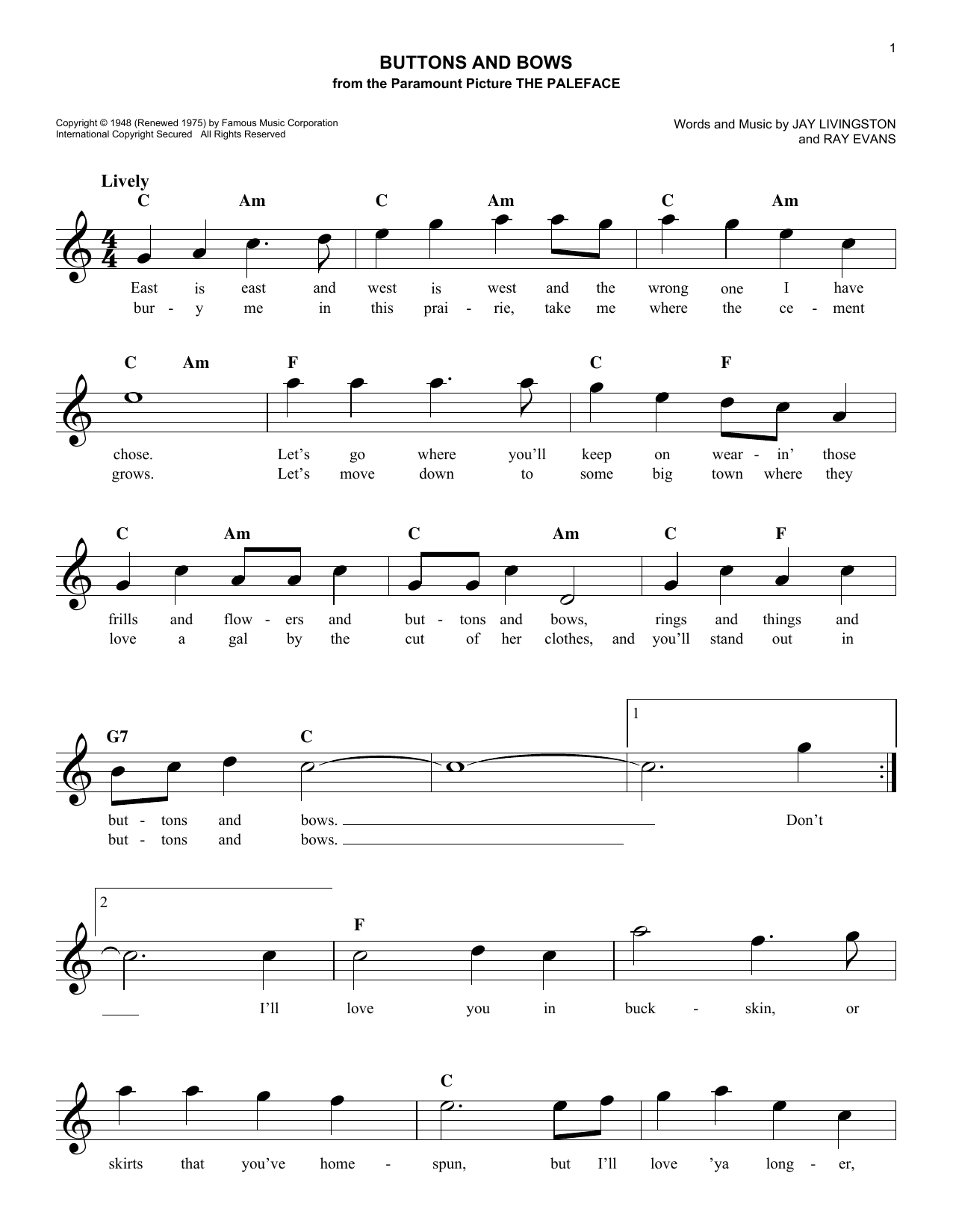 Ray Evans Buttons And Bows Sheet Music Notes & Chords for Melody Line, Lyrics & Chords - Download or Print PDF