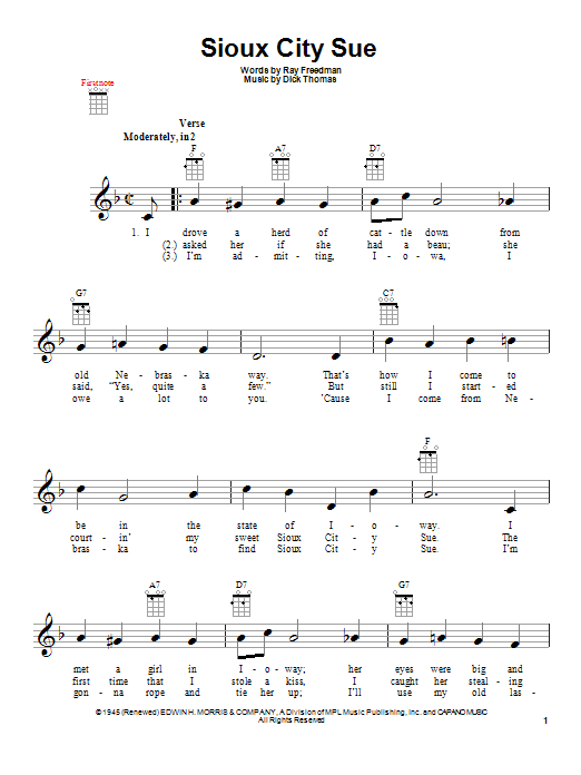 Ray Freedman Sioux City Sue Sheet Music Notes & Chords for Ukulele - Download or Print PDF