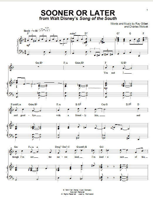 Ray Gilbert Sooner Or Later (from Disney's Song Of The South) Sheet Music Notes & Chords for Piano, Vocal & Guitar (Right-Hand Melody) - Download or Print PDF